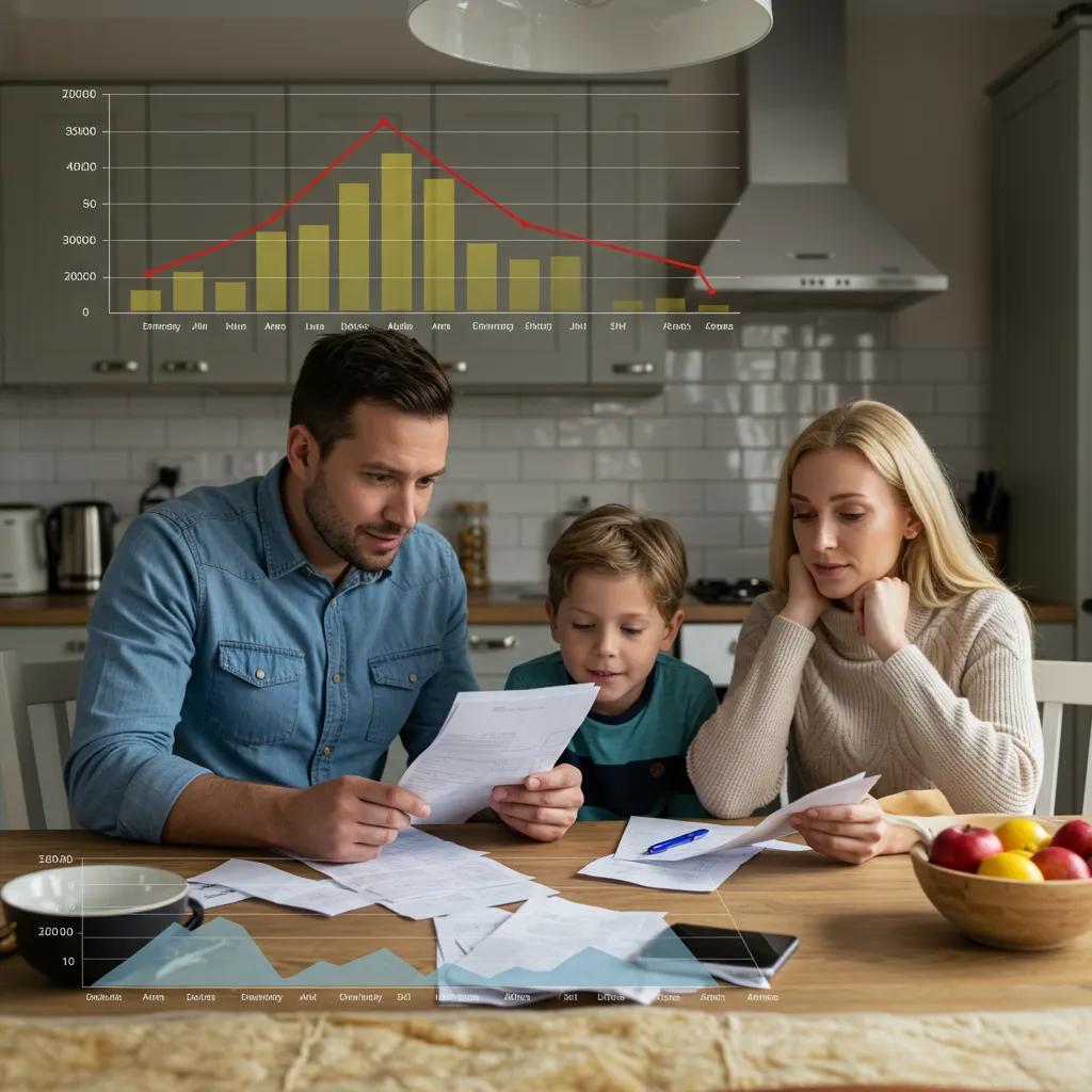 Family reviewing energy bills in a modern kitchen, illustrating savings from home insulation