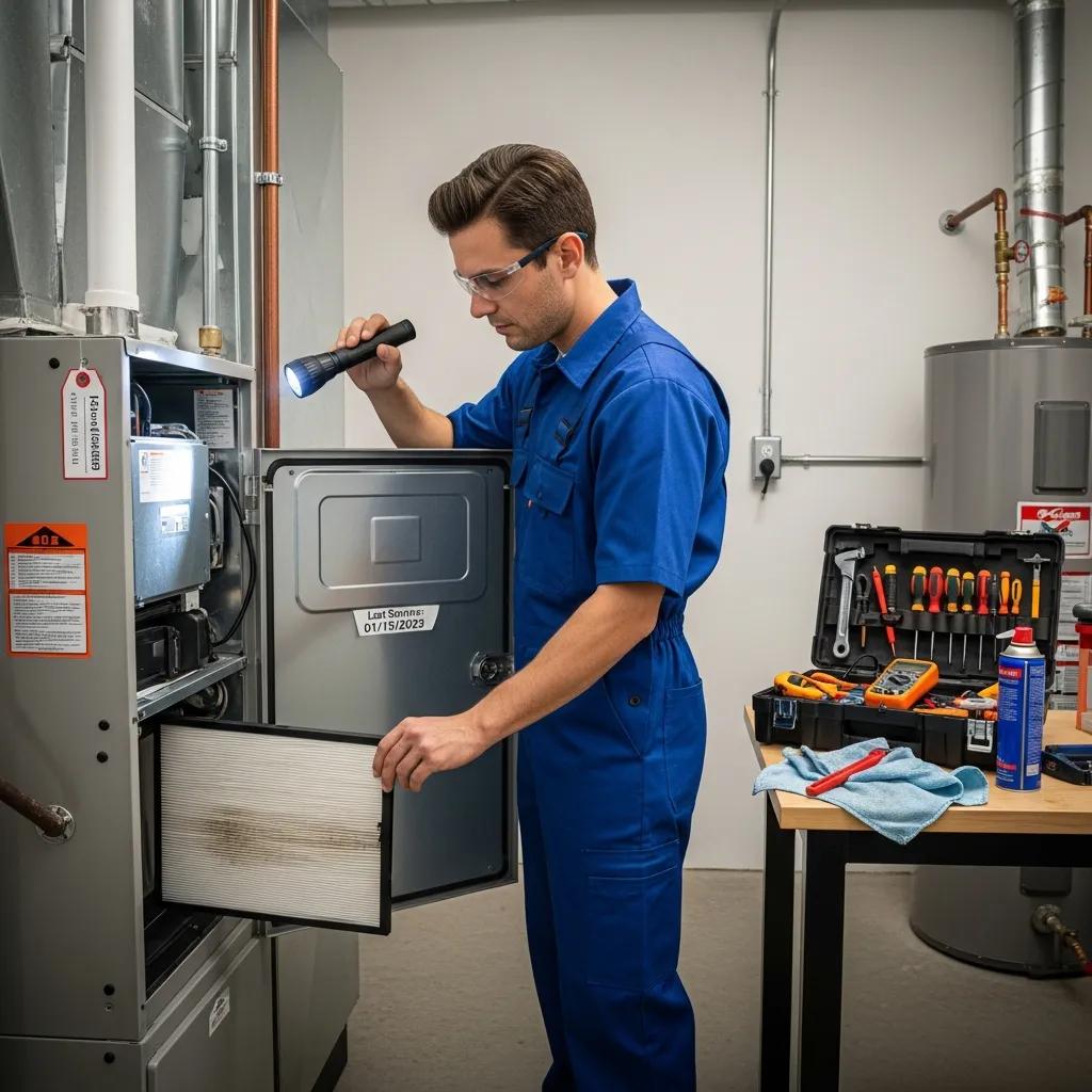 Why Is My Furnace Blowing Cold Air? Troubleshooting Guide 2 Technician inspecting a furnace and replacing an air filter during a maintenance visit