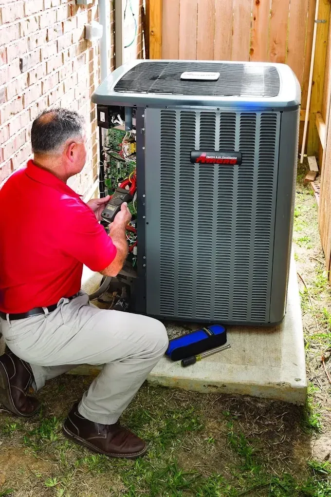 Prepare Your AC for Summer: Spring Tune-Up Service 1 Technician repairing an outdoor air conditioning unit beside a wooden fence.